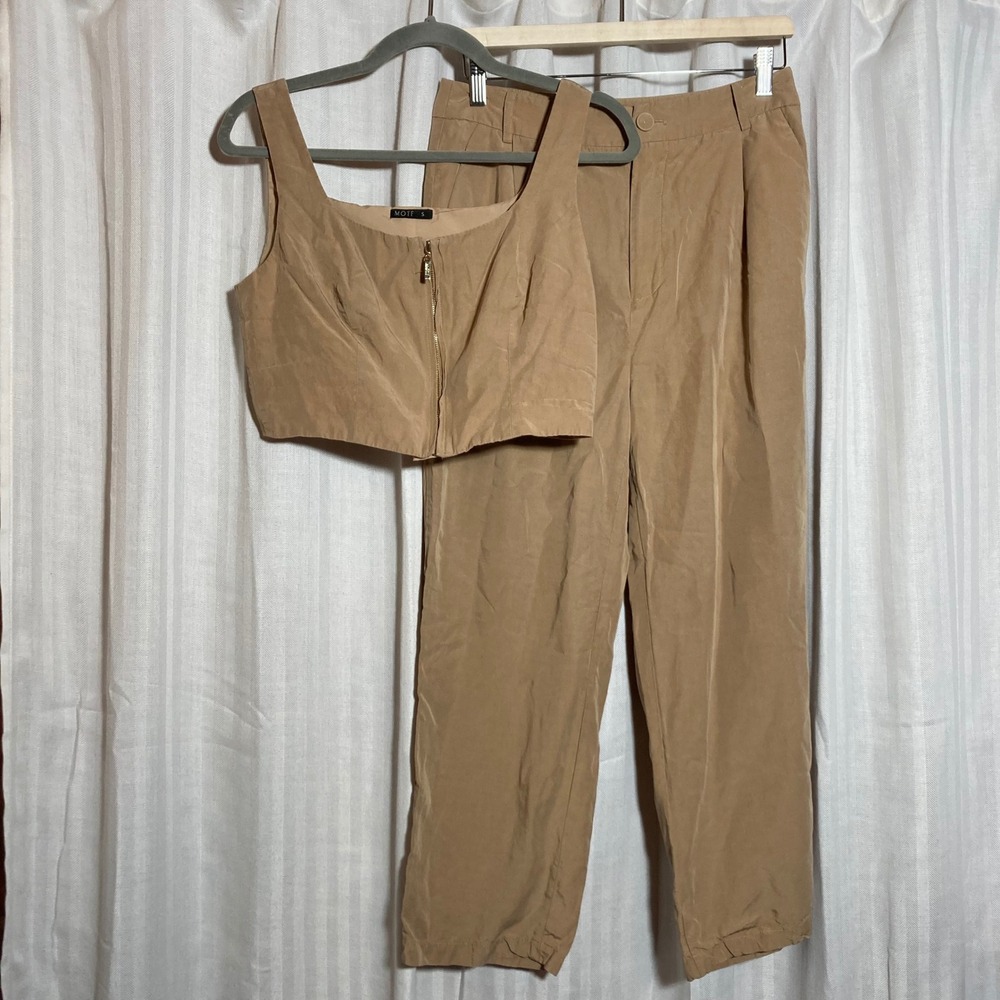 Quiet Luxury Minimalist Tan Linen Blend 2 Pcs Set Crop Top Pleated Pants S MOTF